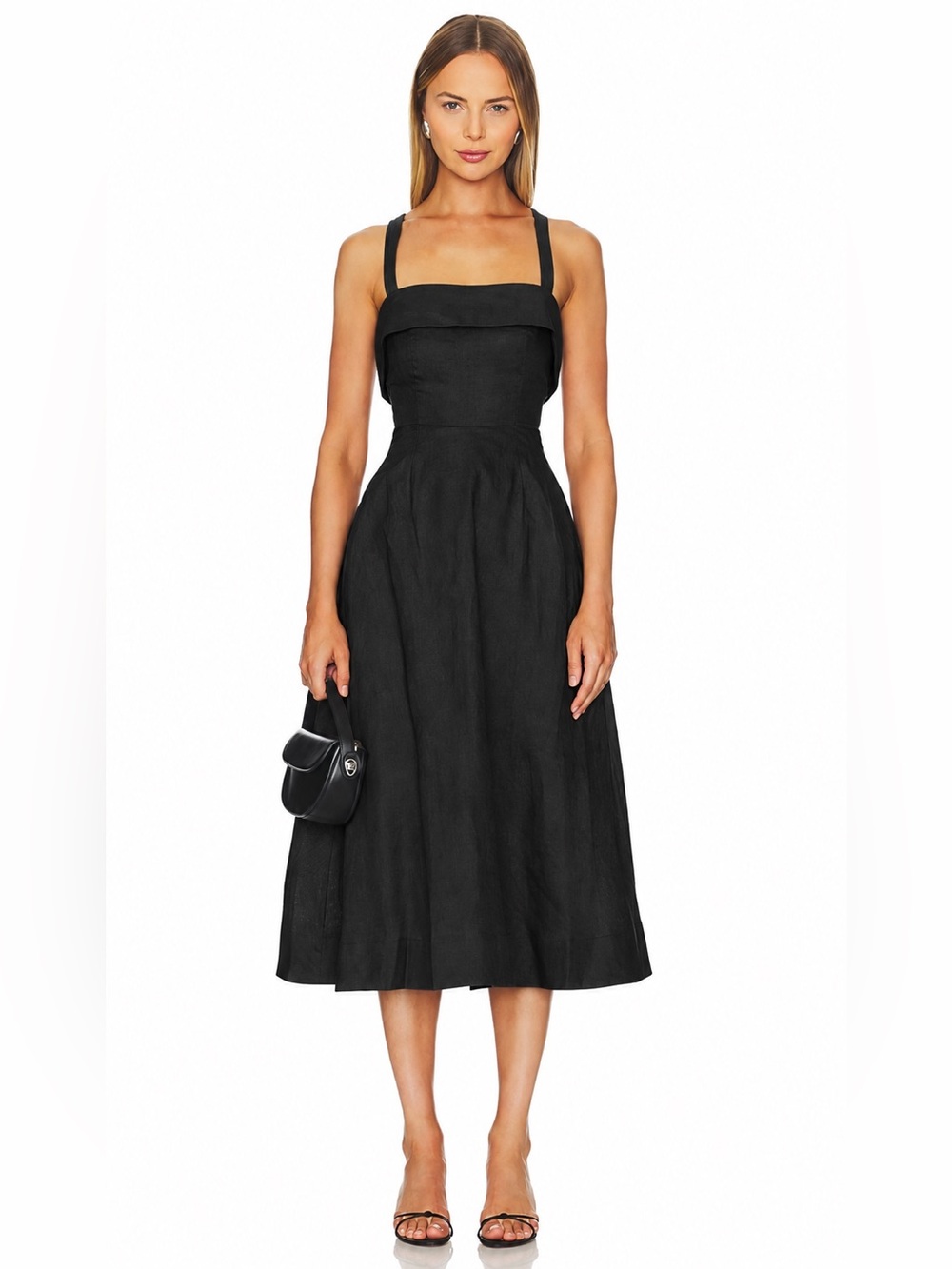 NICHOLAS Black Linen Square Neck A-Line Midi Dress